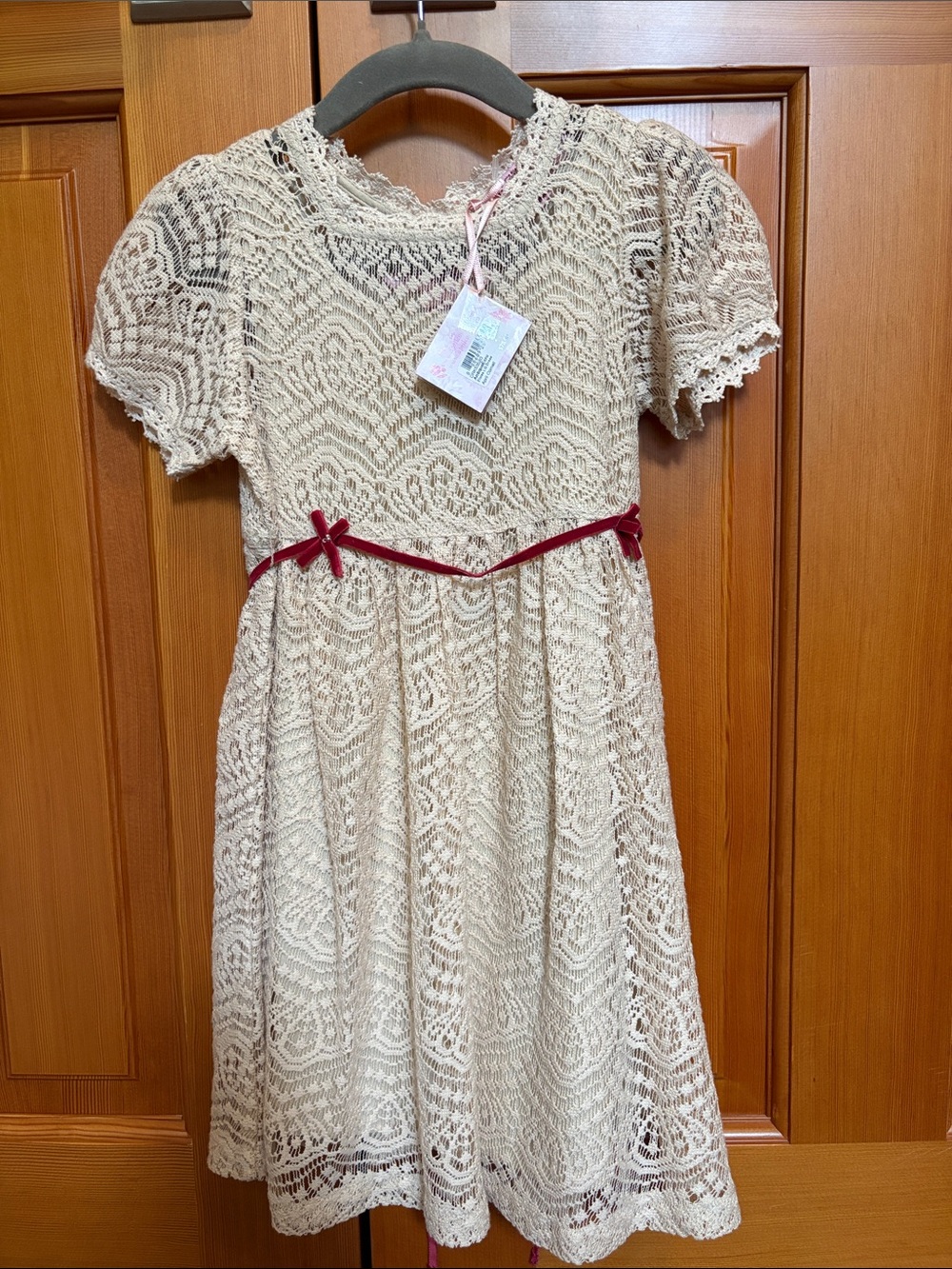 April Cornell Lace Dress with Red Velvet Belt Size 2 NWT